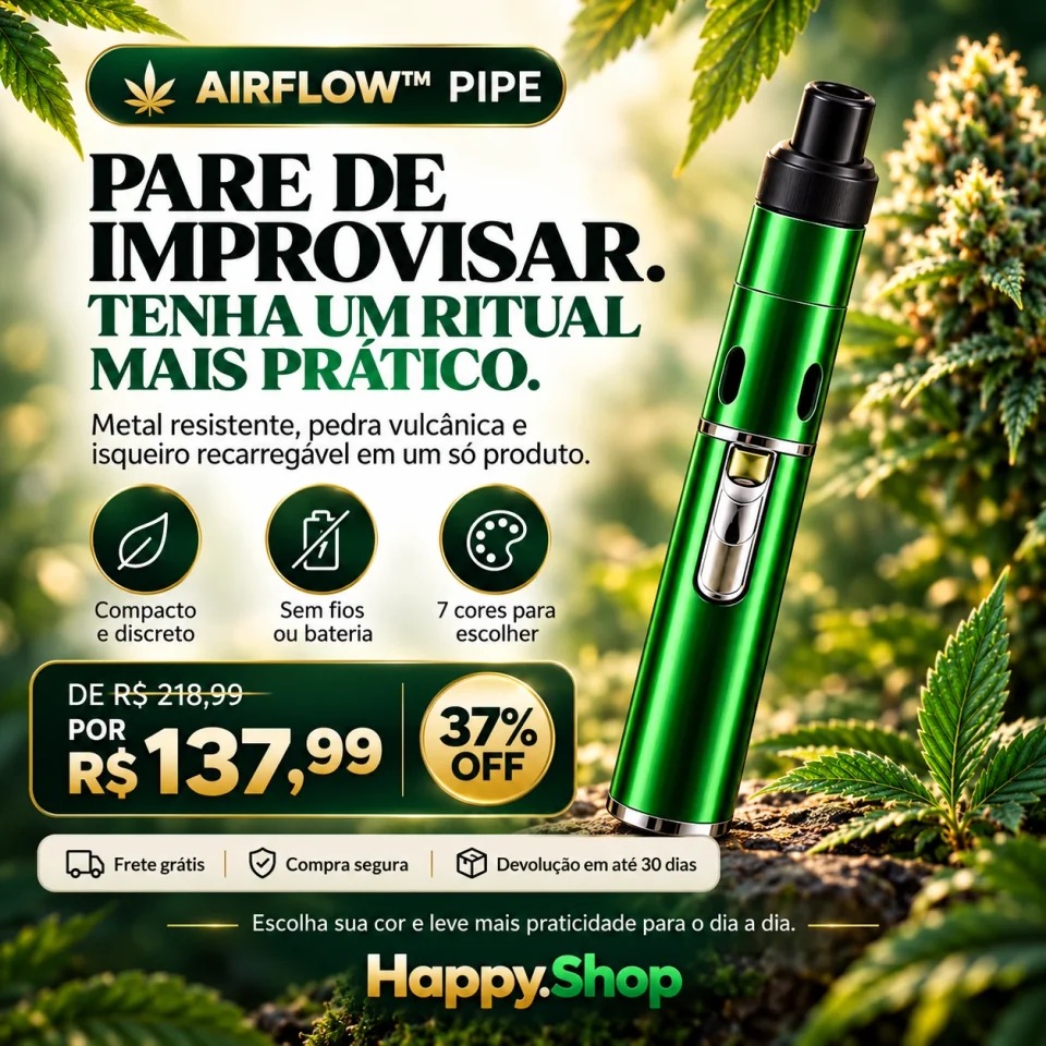 Arte promocional dos diferenciais do AirFlow™ Pipe verde por R$ 137,99 com 37% OFF, compacto e discreto, frete grátis e garantia de 1 ano pela Happy.Shop